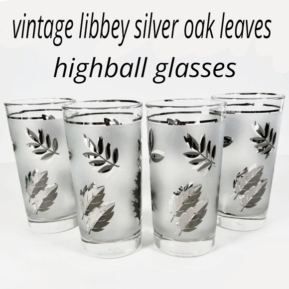 4 Libbey/ Federal frosted & Metallic Silver Oak Leaves Highball Glasses 5.5" H - Picture 1 of 5